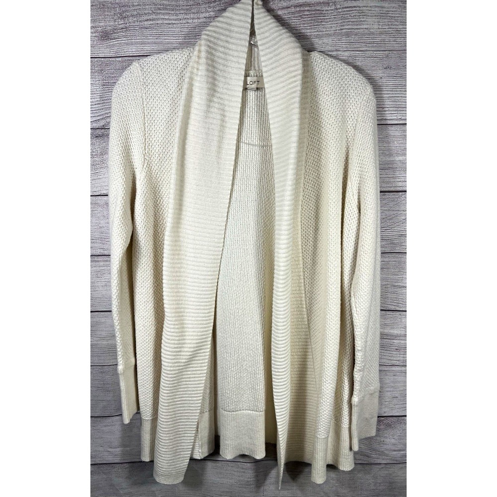 LOFT Ivory Solid Knit Open Front Shawl Collar Long Sleeve Cardigan Sweater L
